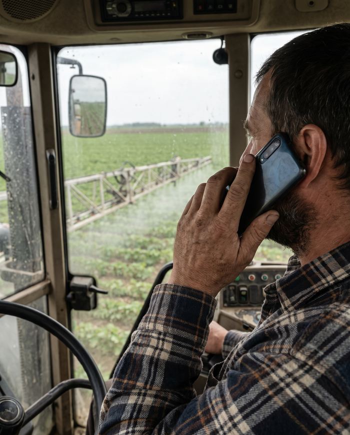 Rolnik w kabinie ciągnika rozmawia przez telefon podczas oprysku
