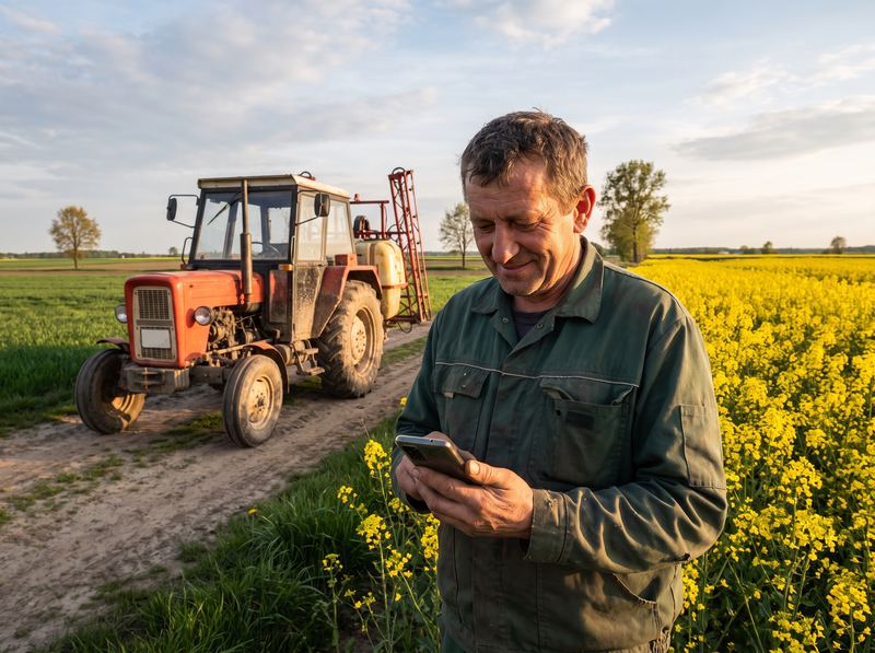 Rolnik przy kwitnącym rzepaku pisze wiadomość w telefonie